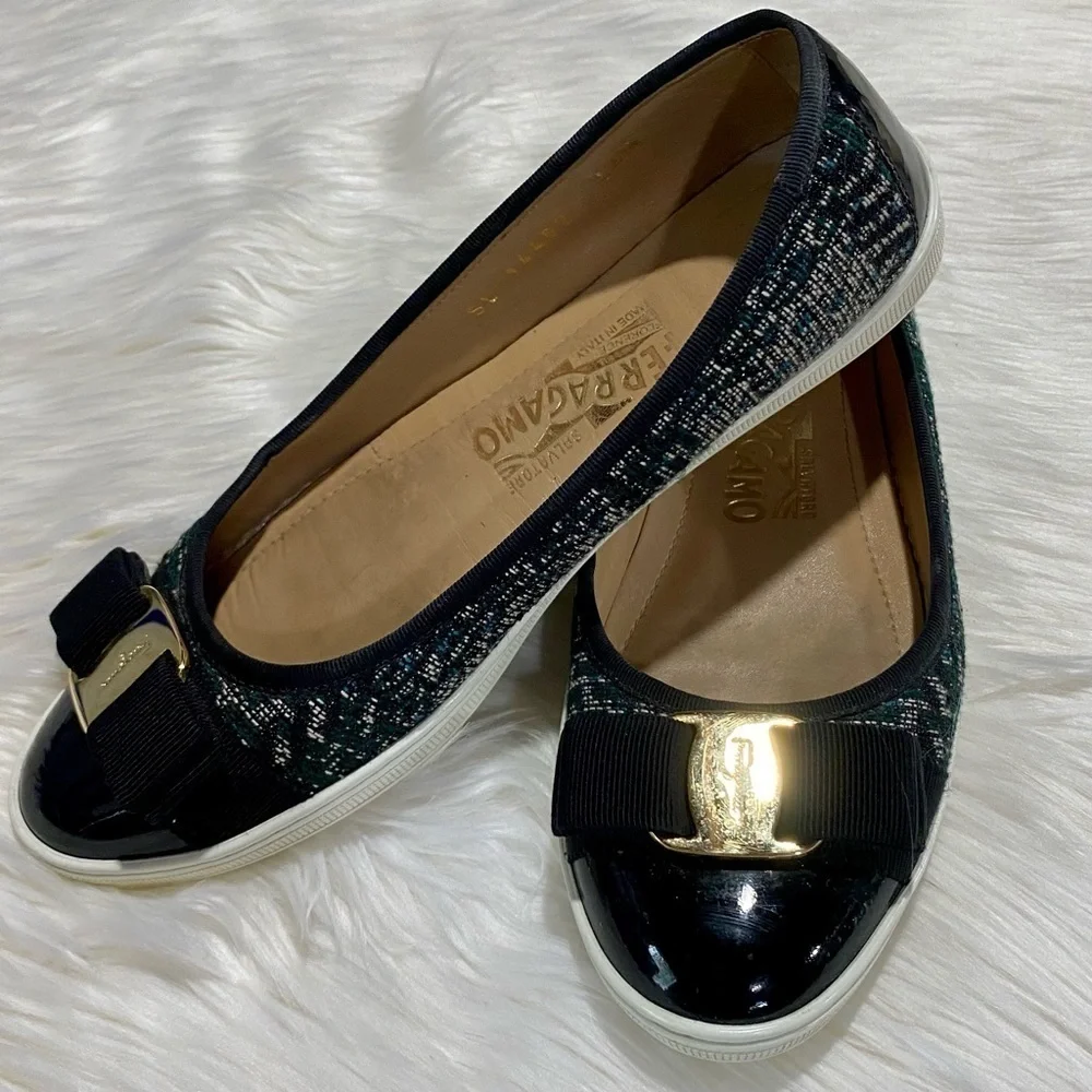 Ferragamo Rufina‎ Tweed Patent Leather Flats Green Black 5.5